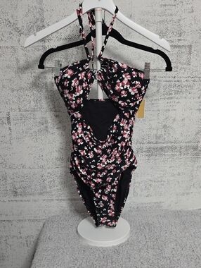 Michael Kors Black One-Piece Swimsuit with Dark Peony Rose Print